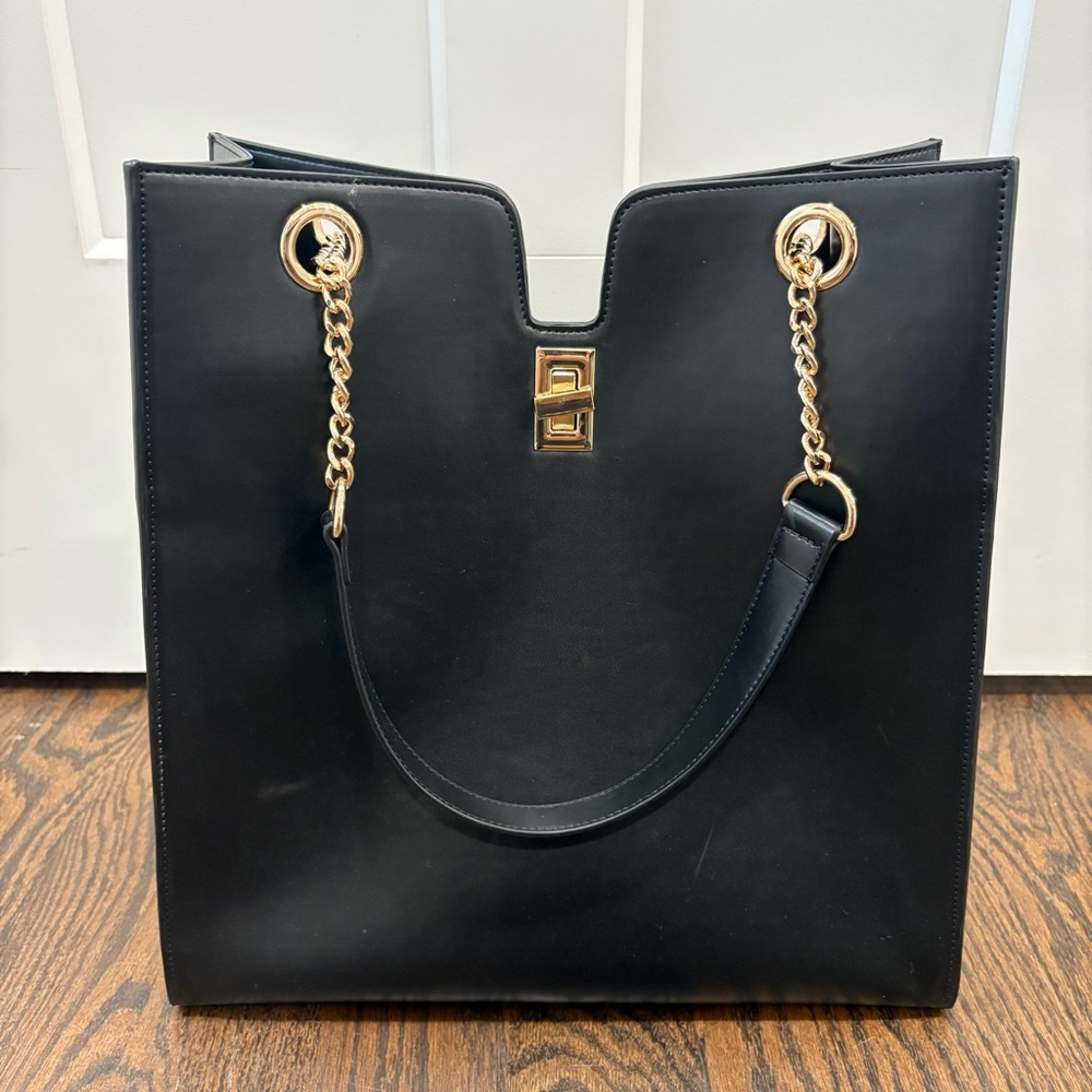 Ann Taylor Black Large Tote Bag Purse with Gold Chain Hardware Detail
